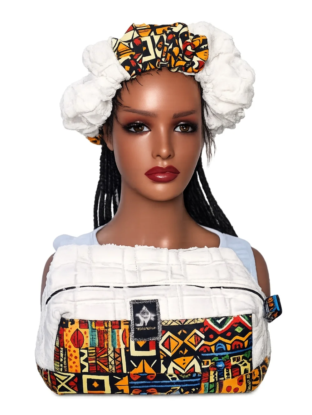 African Print White and Multicolor Spa Headwrap & Makeup Brush Holder Set